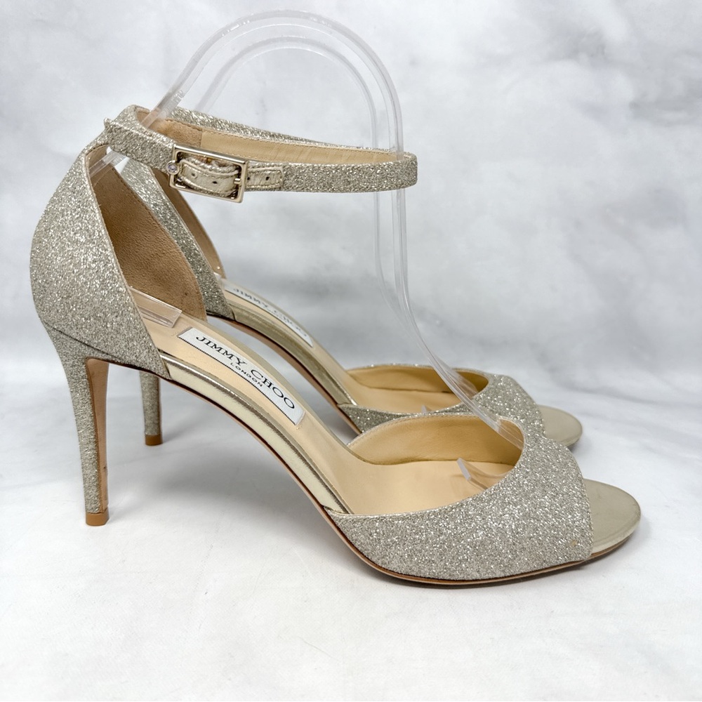Jimmy Choo Annie 85 Glitter Ankle Strap Open Toe Mid Height Sandal Heels Formal
